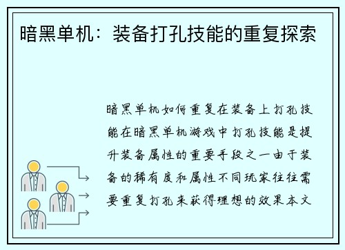 暗黑单机：装备打孔技能的重复探索